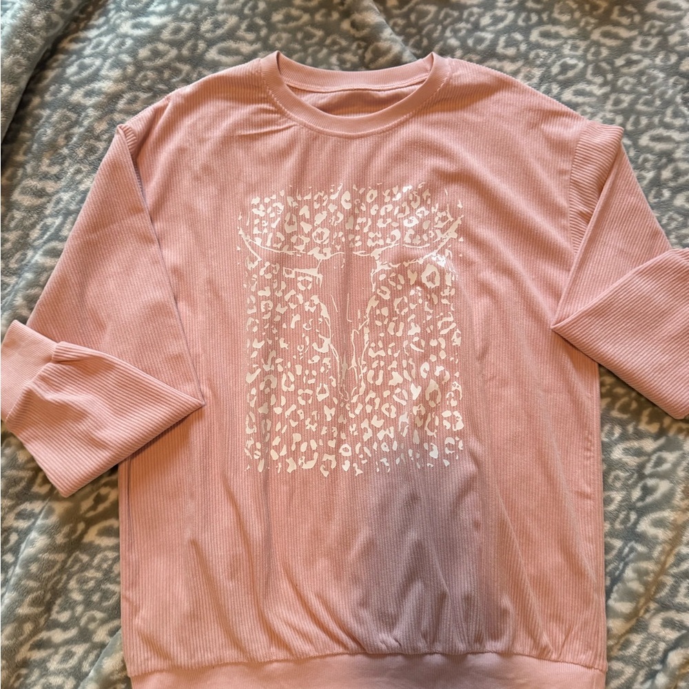 Pink Long Sleeve Graphic cheetah print skull Sweatshirt cowgirl